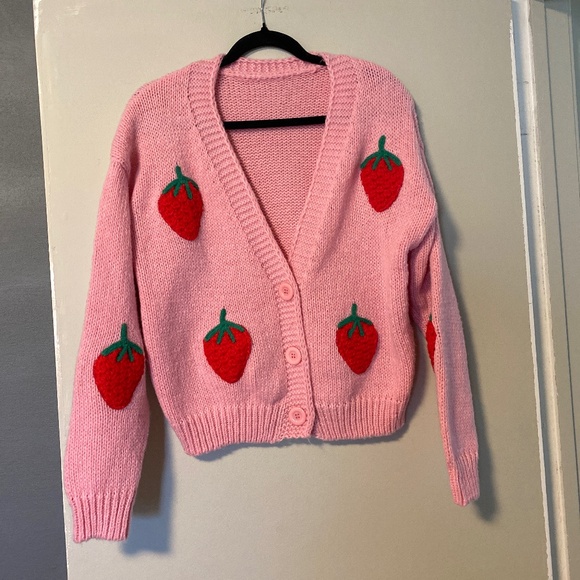 Handmade, hand knitted Sweaters - Hand made, hand knitted pink cardigan with red strawberrys